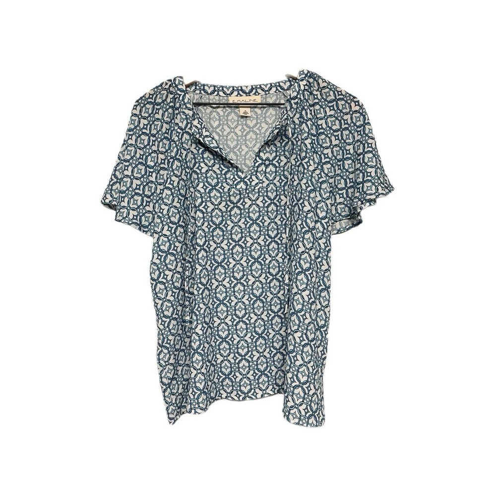 Emaline Womens Short Sleeve Blouse Size M Geometric Print Blue White Office Work